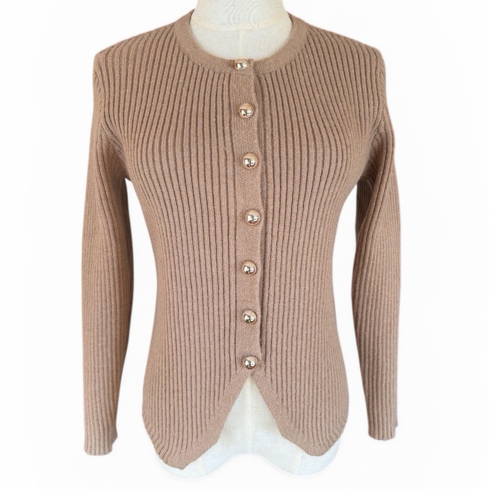 Commense Ribbed Cardigan Camel Button Front Split Hem Minimalist Size S - Picture 9 of 12